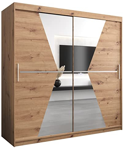 ABIKSMEBLE Maroko 200 Armoire à Deux Portes Coulissantes pour Chambre à Coucher - Moderne Armoire de Rangement avec Miroir, Tringle et Étagères - 200x200x62 cm (L x H x P) - Artisan
