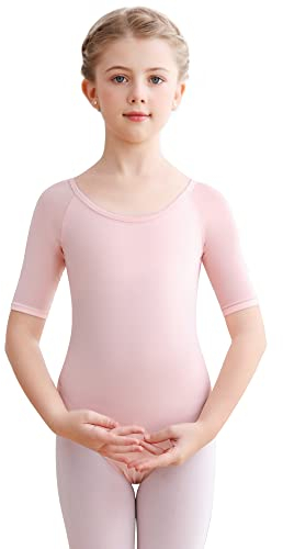 Aiseyi Ballett Body Mädchen Kinder Turnanzug Leotard Ballettanzug Kurzarm Balletttrikot Tanzbody Rosa 120