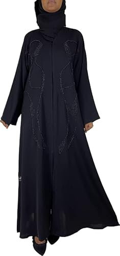 Damen Nida schwarz Abaya Langarm Islamisches Dubai Kleid mit Hijabi Schal, Design_3, 54