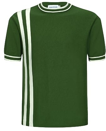 OXKNIT Mens Knitted Shirt Short Sleeve Retro Classic Crewneck Solid Shirt with Double Racing Striped