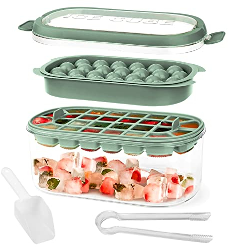 54 Ice Tray with Lid Bin, Ice Cube Tray 2 Tier Square and Round Ice Tray with Storage Ice Box Reusable Ice Molds for Whiskey Cocktail Freezer Water and Other Drink