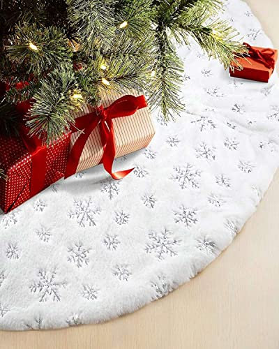 Maxesla 120cm Copri Base Albero Natale con Argento Paillettes, Tappeto Albero di Natale, Gonna Albero di Natale Bianca di Pelliccia Bianco Tappeto Albero da Letto Soggiorno Hotel, Base Albero Natale