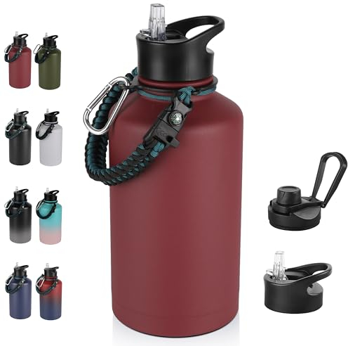 64 oz Insulated Water Bottle with Straw & Spout Lids, Stainless Steel Metal Half Gallon Water Jug with Paracord Handle, Double Wall Vacuum, Leakproof, Keep Drinks Cold & Hot, Brick Red