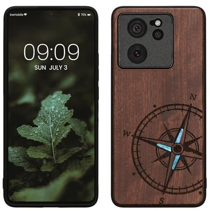 kwmobile Hülle kompatibel mit Xiaomi 13T / 13T Pro Hülle - Holz Case - Handy Cover - TPU Handyhülle in Dunkelbraun Vintage Kompass mit Perlmutt