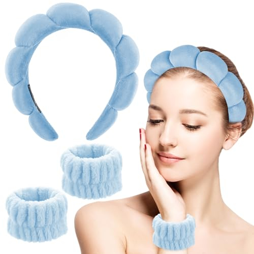 Sibba 3pcs Schwamm Spa Stirnband für Frauen Weiches Make Up Handgelenk Waschband Set Hautpflege Stirnbänder Terry Stoffblasen Haarband Für GesichtswaschenEntfernung Yoga Sport Dusche (Blau)