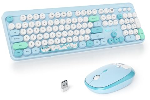 SOLIDEE Wireless Keyboard and Mouse Combo,Retro Typewriter Keyboard,2.4GHz Colorful Round Keycap Computer with Number Pad,104 Keys Full Size Ergonomic(US Layout QWERTY)(Bear Blue)
