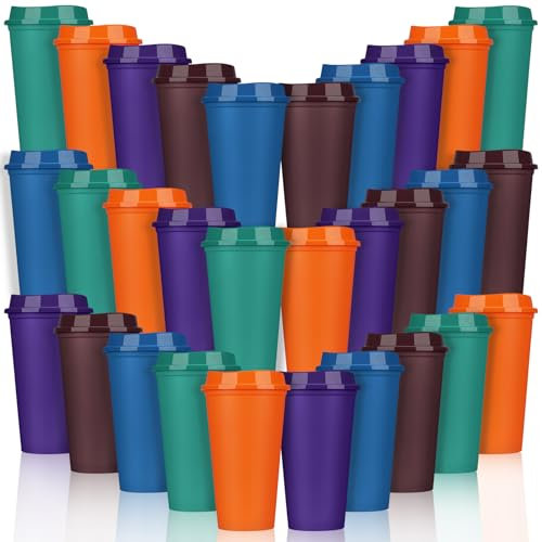 Domensi 30 Pack Reusable Coffee Cups with Lids Bulk 16 oz Travel Mug Plastic Coffee Tumblers for DIY Hot Cold Drink Party Favors Gift Coworker, Microwaveable (Colorful)
