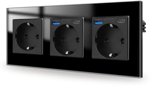 JIMEIDA 3-Steckdose mit USB 20W Schwarz Unterputz,16Amp Glas Steckdosen mit USB A und Type C,228 * 86mm,250V