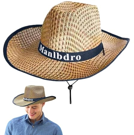 Genikeer Sombrero de Paja de ala Ancha,Sombrero de de Paja para Hombre | Sombreros de Sol de de Pesca | Gorra para el Sol con protección UV para Exteriores, Sombrero de Occidental de Verano para