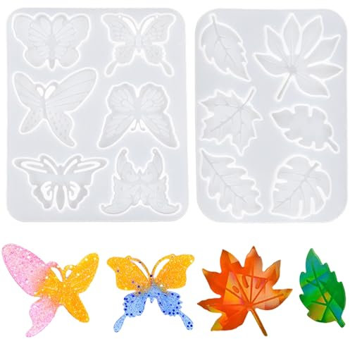 Nifocc 2 Stück Schmuck Epoxidharz Formen Anhänger Halskette Ohrringe Silikonformen Schmetterling Schmuck Giessharz Formen Blatt Gießform Kristall Casting Form für DIY Basteln