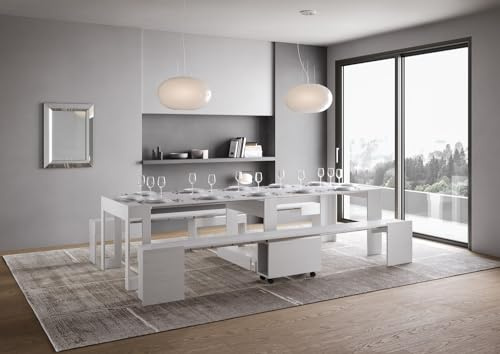 IMAGO FACTORY Lover - Console extensible avec banc inférieur et supérieur, table extensible salle à manger (jusqu'à 302 cm) Meuble console d'entrée moderne fabriqué en Italie (blanc frêne)
