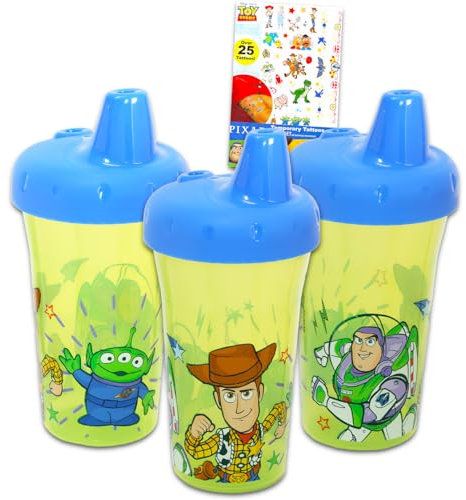 Disney Toy Story - Juego de vasos para niños – Pixar Toy Story - Juego de vasos para beber con 3 vasos de Toy Story a prueba de derrames, a prueba de fugas, sin BPA, tazas para beber más tatuajes para