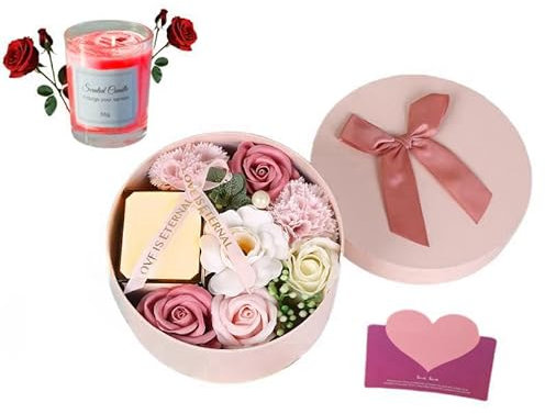 ASDIIT Savon Fleur&Bougie Parfumées Scatola Rotonda Regalo Donna Rose(Pivoine) Profumate da Bagno Regalo Della Mamma San Valentino Compleanno Anniversario (Peony pink)