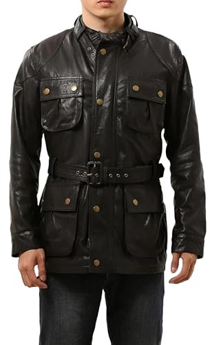 A&M Express Schwarze Herrenjacke aus echtem Schaffell mit vier Taschen im Militärstil, Schwarz , XXL