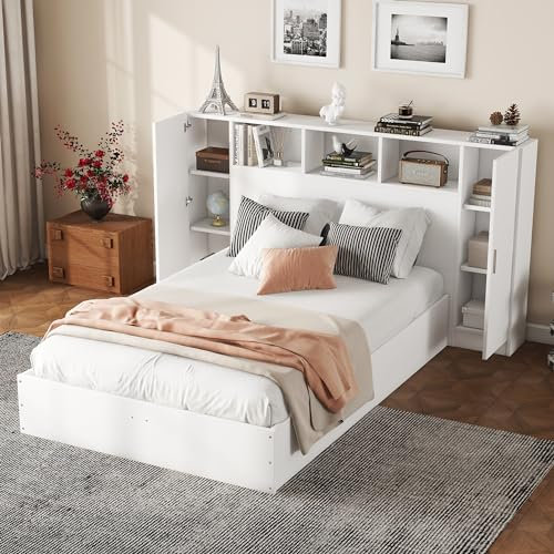 Gegtuon Doppelbett Bett 140x200 mit Stauraum Kopfteil, Funktionsbett Stauraumbett mit 2 Türen, Jugendbett Flachbett Bettgestell mit Lattenrost, Möbel für Wohnzimmer Schlafzimmer, ohne Matratze, Weiß