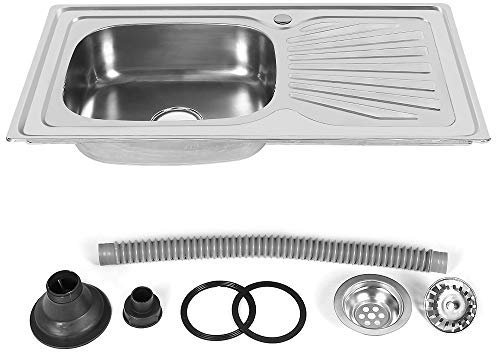 Fregadero de cocina pequeño de acero inoxidable, con desagüe y manguera flexible (90 x 50 x 15 cm)