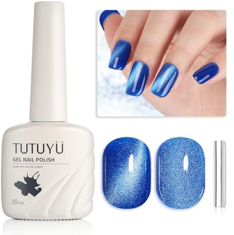 TUTUYU Blue Cat Eye Gel Nail Polish - Holographic Deep Blue Gel Plish Perfect for DIY at Home & Gift for Nail Art Lovers!