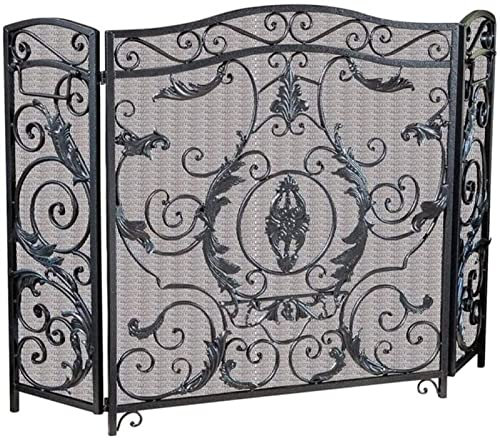 Decorative 3 Panel Mesh Fireplace Screen with Scroll Design Black Large Fire Guard for Open Fire/Gas Fires Fireplace Safety Screen with Spark Cover