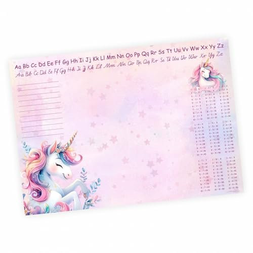 A3 Schreibtischunterlage Einhorn rosa mit kleinem 1x1 und Alphabet Notizblock 50 Blatt Malunterlage Papier 50 Blatt Kinder Mädchen Schreibtisch Auflage