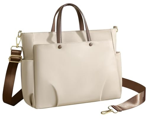 jooeer Laptop Tote Bag 14 Inch for Women, Waterproof Nylon Ladies Zip Handbag with Shoulder Strap for Work School Travel, Apricot