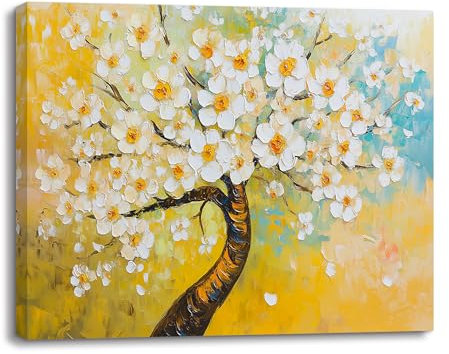 Piy Painting Arbres à Fleurs Impression Sur Toile Fleurs Jaunes Blanches Tableaux Déco Muraux Salon Affiche Decoration Painting Poster Peinture Sur Toile Cadre Art Mural Chambre 30×40cm