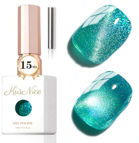 KRISNICE Green Cat Magnetic Eye Gel Nail Polish Shimmer Glitter Holographic Aurora Green Magnetic Gel Polish Nail Art Manicure DIY at Home (0.5 Oz-MY017)
