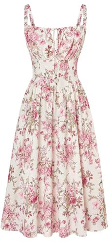 SCARLET DARKNESS Robe d'été victorienne décontractée sans manches avec bretelles spaghetti pour femme - Robe florale pour l'été, la plage, Vintage Rose Floral, S