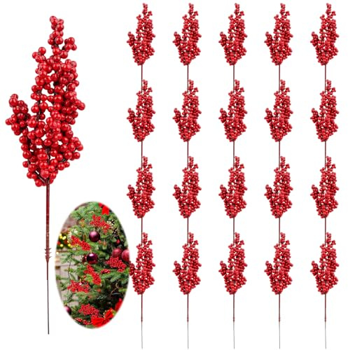 20er Kirschstiele Spiegelbeeren 20cm Künstliche Rote Beerenstiele Allerheiligen Gestecke Zubehör Hagebutten Deko Beerenzweig Dattelzweig Beeren Weihnachtszweige Weihnachtsblumen Stechpalmenbeeren