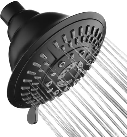 Bright Showers High Pressure Rain Shower Head, Fixed Shower Head with 5 Jet Settings, Adjustable Angle and Anti-Clogging Nozzles, Matte Black