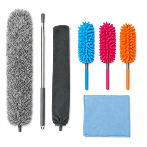 Staubwedel Set 7-teilig Staubwedel Teleskop 250 cm aus Edelstahl + 3 Chenilleköpfe + Biegbare Ecke & Mikrofasertuch, Waschbar, Für Möbel, Fenster, Decken & Spinnweben