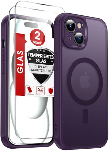 LeYi Handyhülle für iPhone 15 Hülle für Magsafe mit 2X Panzerglas-Violett | Handy hülle Ultra Dünn Magnetisch Schutzhülle Schutzglas Matt Transluzent Stoßfest Case Cover für i Phone iPhon 15