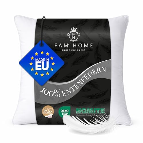 FAM' Home Federkopfkissen 80x80 cm – Federkissen mit 100% Entenfedern | NATÜRLICHER KOMFORT: 100% Entenfedern für Stützkraft, atmungsaktiver Bezug, bei 30°C waschbar & Öko-Tex zertifiziert.