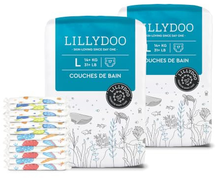 Pannolini costumino LILLYDOO,taglia L (14+ kg), 34 pz,delicati sulla pelle | Monouso, leggeri e traspiranti per le avventure in acqua, con le simpatiche fantasie marine Shell Yeah e Tiny Turtles