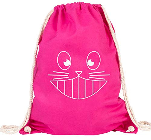 JUNIWORDS Turnbeutel - Wähle ein Motiv & Farbe - Grinsekatze (Beutel: Pink, Text: Weiß)