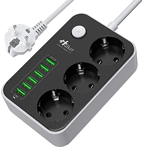 Mehrfachsteckdose HULKER Steckdosenadapter 3 Fach/Steckdosen 6 USB -Anschlüsse, Steckdosenleiste mit überspannungsschutz, 1.6 m Verlängerungskabel Universalsteckdose