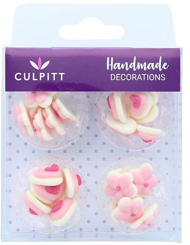 Culpitt Pink Mini Hearts and Flowers Sugar Pipings, Royal Icing, Decorations for Cupcakes, Cakes, Cookies, 24 Piece - Single Pack 06307