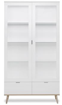 FINORI Vitrine Göteborg in matt weiß und Sonoma Eiche massiv Vitrinenschrank mit Massivholz skandinavisch 100 x 186 cm