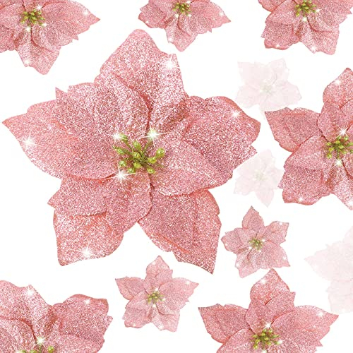 WILLBOND 36 Piezas Flores de Pascua Brillantes de Navidad Decoraciones de Flores Artificiales de Navidad Adornos de Año Nuevo Árbol de Navidad Boda (Oro Rosa)