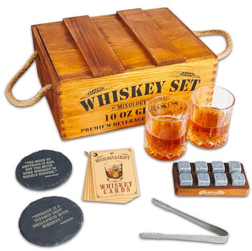 Mixology & Craft Whiskey Stones Gift Set for Men - 2 Glasses, 8 Chilling Rocks & Wooden Box - Whiskey Glass Gift Sets - Jameson Brown