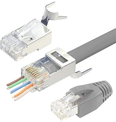 VCELINK 2.ª generación 10 Unidades Conectores RJ45 Cat 7 Cat6A Blindado Pasante Pass Through Para Cable de Red Cat7 Cat6A con Guía y Funda de Cable Naranja