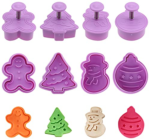 8 Pack Christmas Cookie Cutters Fondant Stamper, Pastry Cutter, Christmas Tree, Snowman, Gingerbread and Egg Stamper, Direct Embossing, Spring-Loaded Handle Cutter Set(Purple)