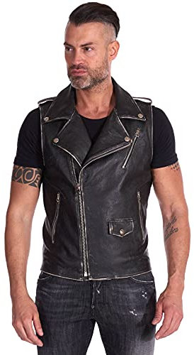 D'Arienzo Chiodo Gilet in Pelle Nera Vintage Smanicato Uomo Made in Italy Vera Pelle Giacca Giubbotto Giubbino Moto Ermal 48/Nero