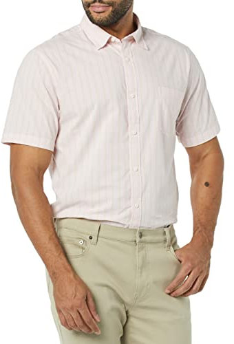 Amazon Essentials Camicia in Popeline a Maniche Corte Slim Uomo, Beige Rosa Righe Doppie, L