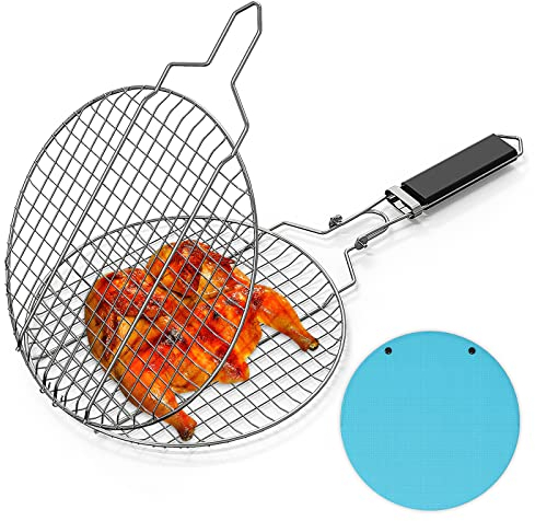 Linkidea Cesta para parrilla portátil, accesorios para parrilla al aire libre para verduras, peces, camarones (Plata, Redonda)