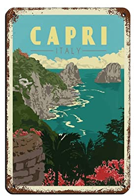 KJHBVND Capri Italien Vintage Reiseposter Retro Poster Metall Blechschild Retro Eisen Gemälde für Bar Man Höhle Cafe Familie Garage Poster Wanddekoration 20,3 x 30,5 cm