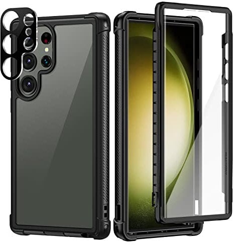 seacosmo for Samsung S23 Ultra Case with Built-in Screen Protector+Camera Lens Protector, Full Body Shockproof Military Grade Protection Bumper Clear Back Phone Case 5G, Black