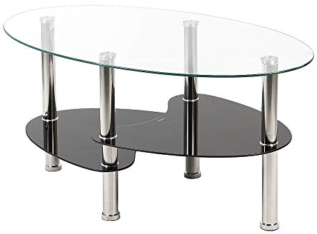 homewell Couchtisch Ovaler Tische Glasplatte Tisch Beistelltisch Nachttisch 3 Tier für Wohnzimmertisch 90 x 50 x 43 cm (Transparent + Schwarz)