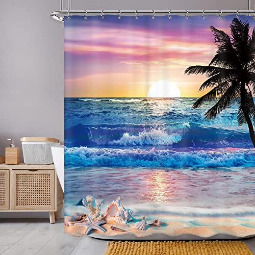 Newsely Tenda da doccia oceanica alba 152 x 182 cm spiaggia palma tropicale tramonto paesaggio costiero onda mare tenda da doccia set da bagno estate impermeabile accessori decorazione per la casa