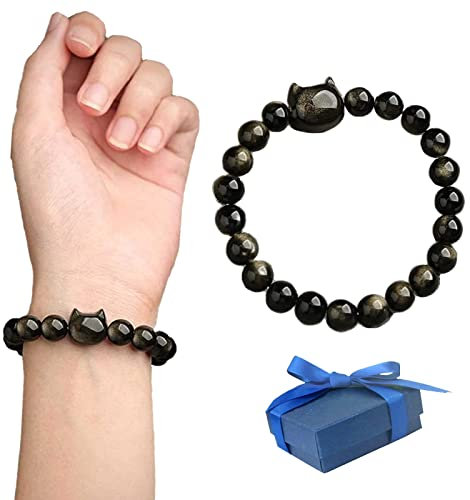 DUBUSH Absorbieren Sie Negative Energie, Gold, Silber, glänzendes Obsidian-Armband, süßes Katzenschutzarmband, Unisex-Schmuck, Geschenk, Stressabbau, viel Glück