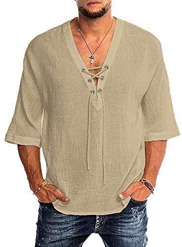 YAOBAOLE Chemise en Lin Homme Casual Manches 3/4 Été Chemise Traditionnelle Unicolore Homme Solid Henley Shirts Pirate Shirt Kaki XXL